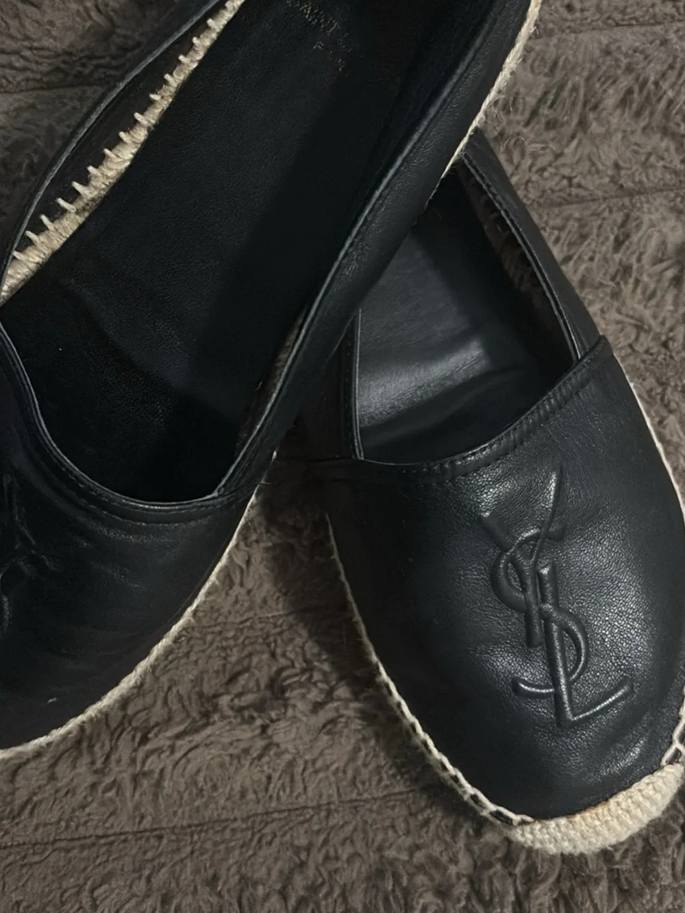 Saint Laurent Black Leather Espadrille Flats with YSL Logo